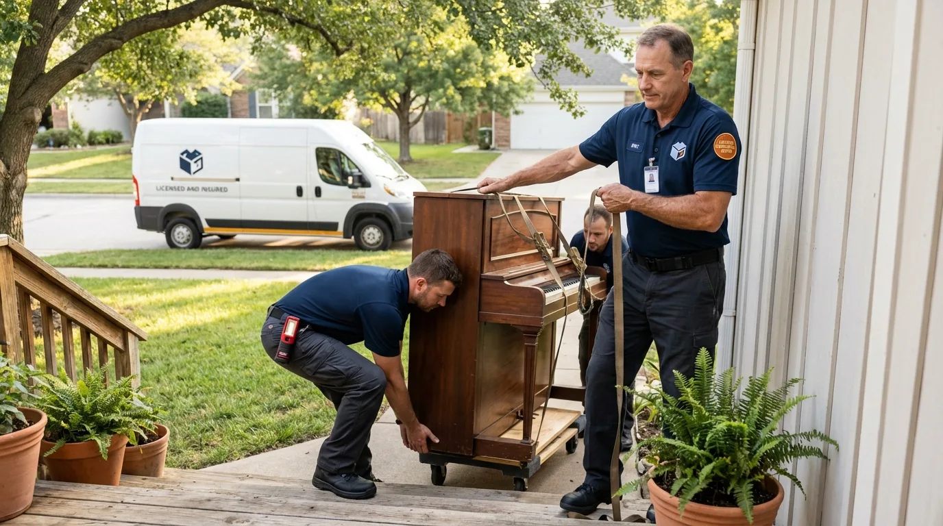 Licensed piano movers securing grand piano in Blaine, WA