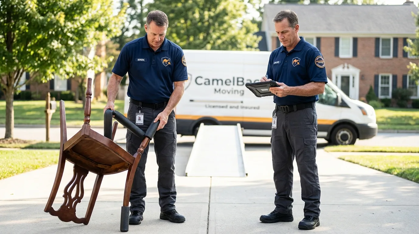 Movers inspecting furniture for damage prevention before loading in Blaine, WA